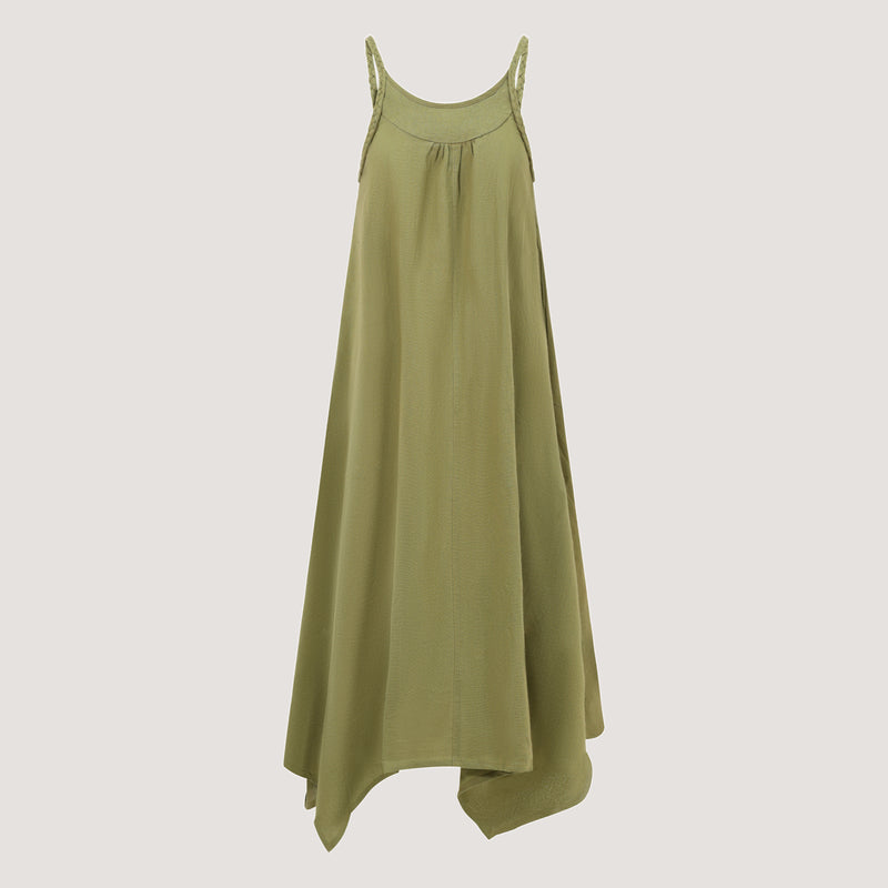 Green handkerchief hem midi dress with a plait strap detail designed by OMishka