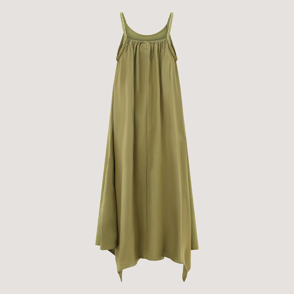 Green hanky hem midi dress with a plait strap detail designed by OMishka