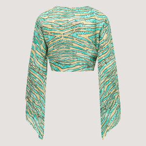 Green and gold stripe animal print Indian sari wrap top designed by OMishka