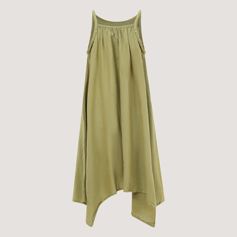 Green Linen Hanky Hem Midi Dress