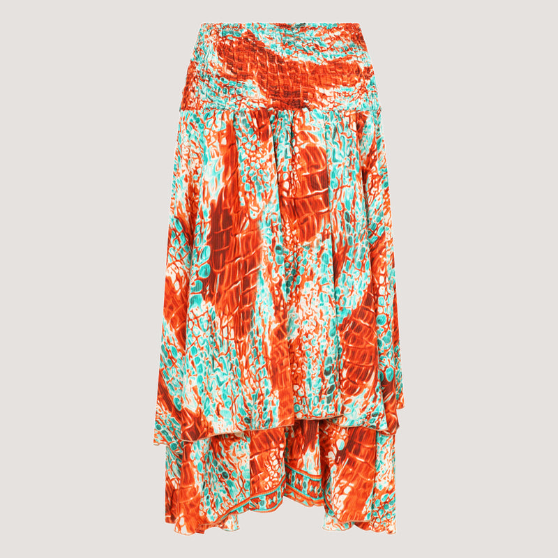 Green & Orange Batik Layered Silk 2-in-1 Skirt Dress
