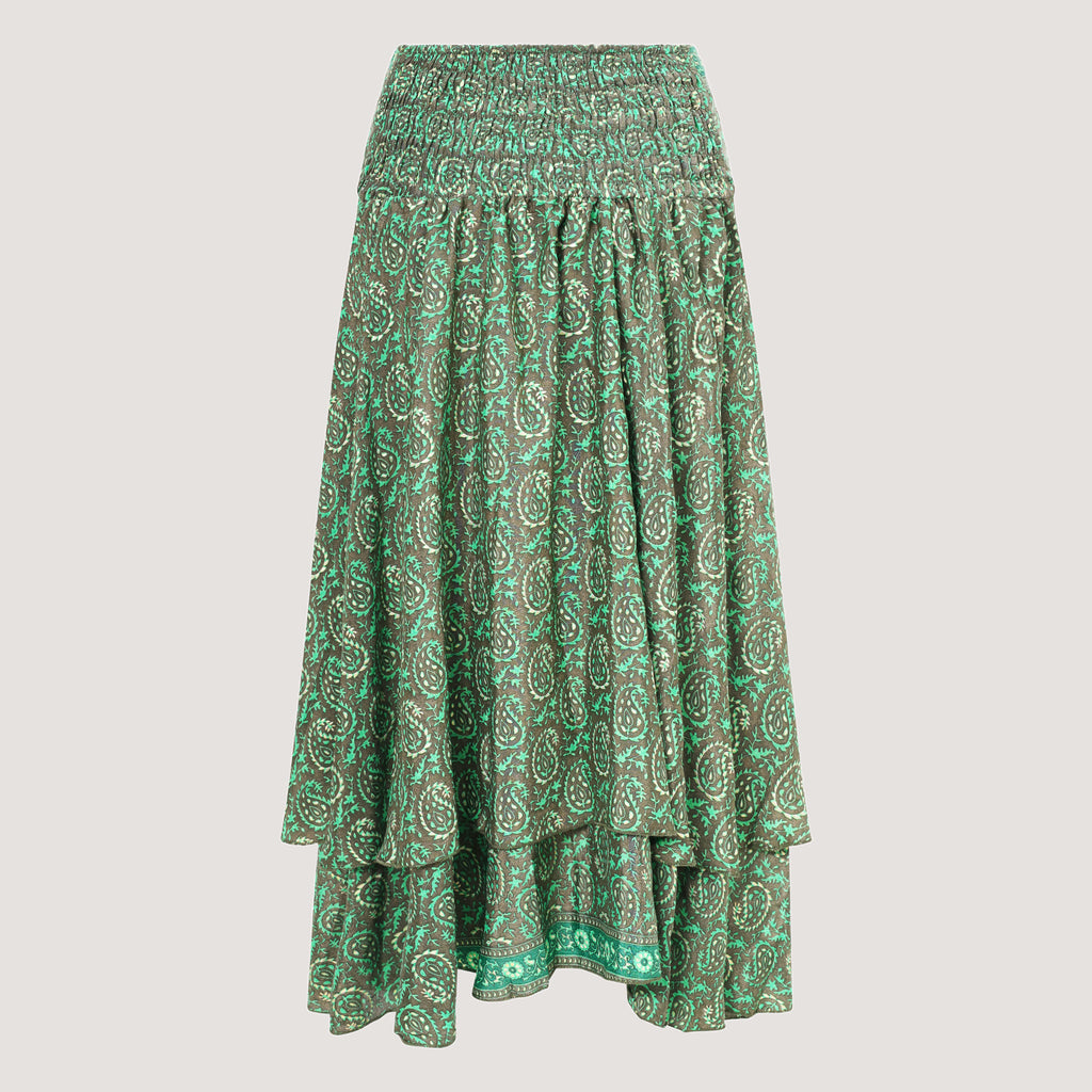 Green paisley patterned, double layered recycled Indian sari silk, strapless dress 2-in-1 skirt designed by OMishka