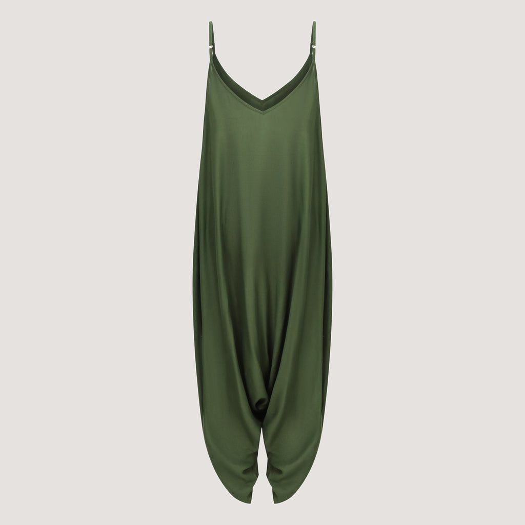 Green strappy, sleeveless harem jumpsuit with tapered legs designed by OMishka