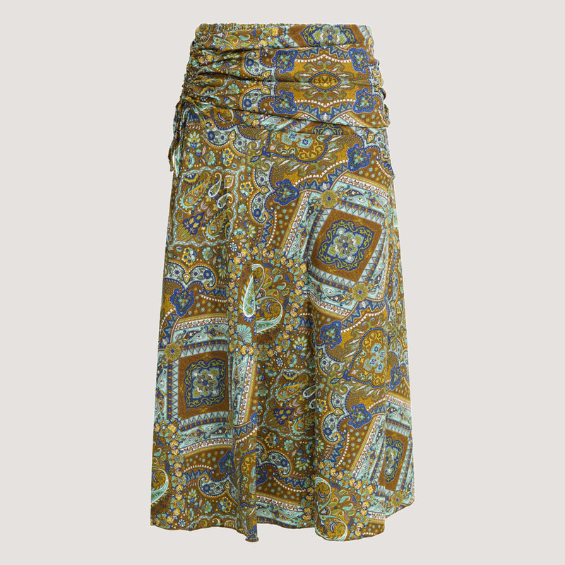 Green art deco tile print, recycled Indian sari silk, 2-in-1 A-line skirt dress designed by OMishka