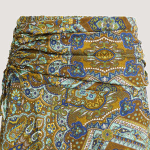 Green art deco tile print, recycled Indian sari silk, A-line skirt 2-in-1 dress designed by OMishka