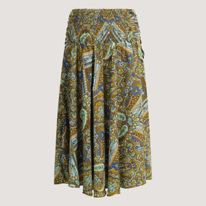 Green art deco tile print, recycled Indian sari silk, strapless dress 2-in-1 A-line skirt designed by OMishka