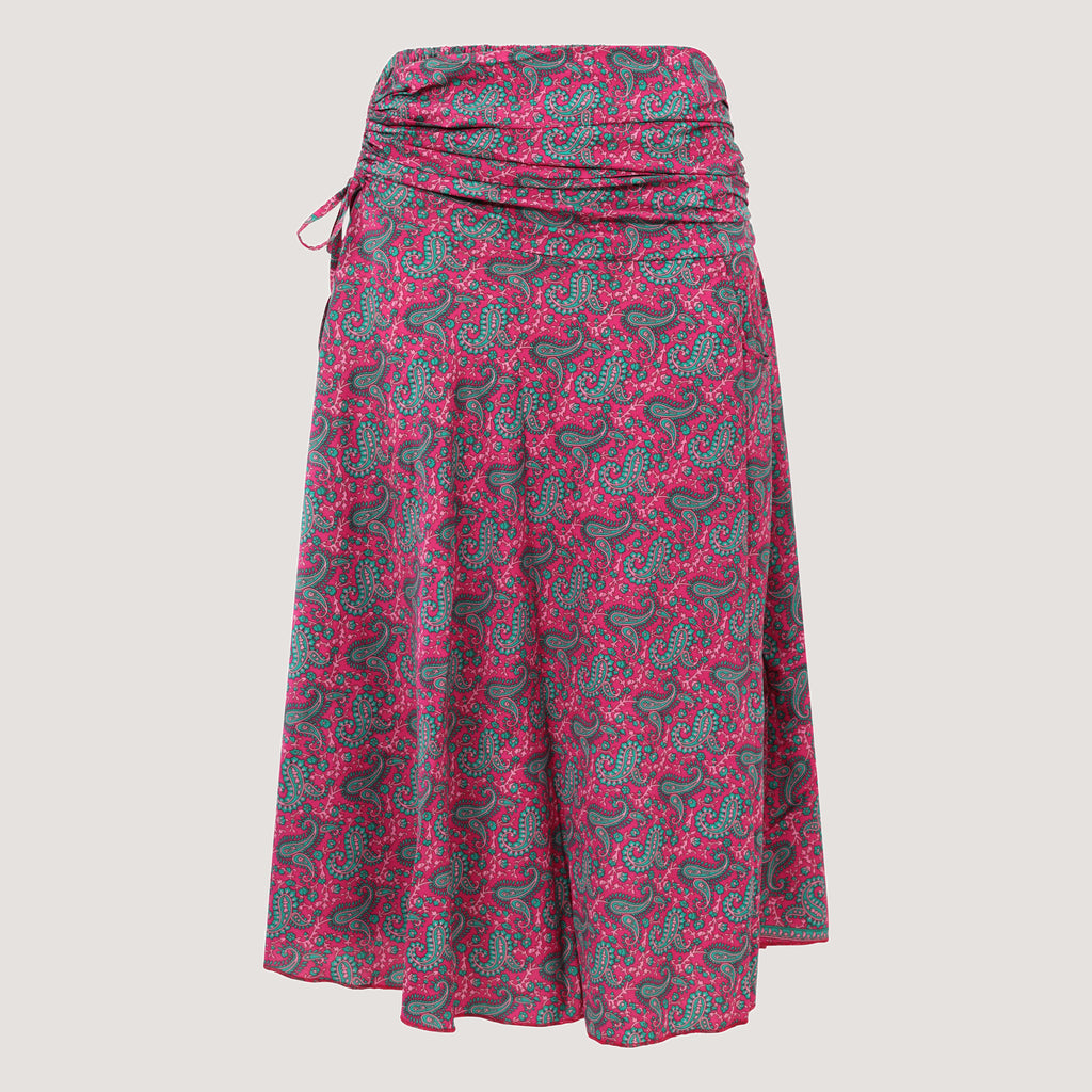 Hot pink floral paisley print, recycled Indian sari silk, 2-in-1 A-line skirt dress designed by OMishka