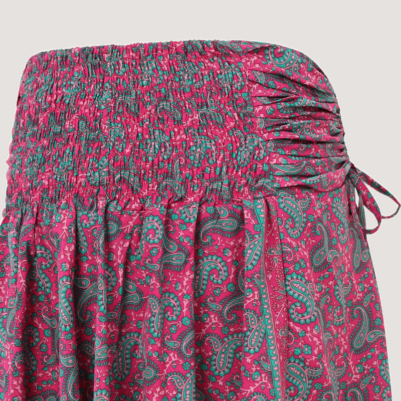 Hot pink paisley print, recycled Indian sari silk 2-in-1 A-line skirt dress designed by OMishka