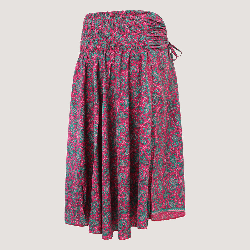 Hot pink floral paisley print, recycled Indian sari silk, strapless dress 2-in-1 A-line skirt designed by OMishka