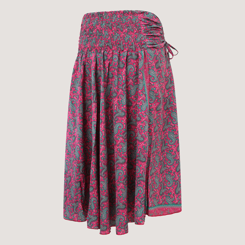 Hot pink floral paisley print, recycled Indian sari silk, strapless dress 2-in-1 A-line skirt designed by OMishka