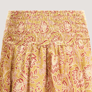 Light brown and red lotus flower print, double layered, recycled Indian sari silk 2-in-1 skirt dress designed by OMishka