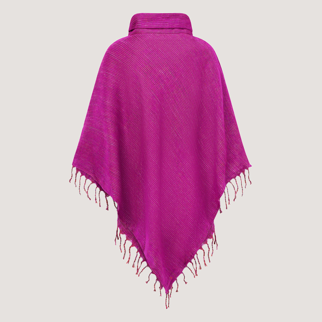 Magenta Pink cowl neck poncho featuring kantha embroidery and a fringed hemline designed by OMishka