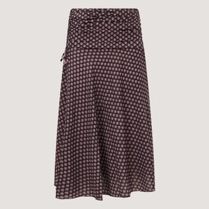Maroon block print, recycled Indian sari silk, 2-in-1 A-line skirt dress designed by OMishka