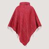 Maroon red cowl neck poncho featuring kantha embroidery and a fringed hemline designed by OMishka