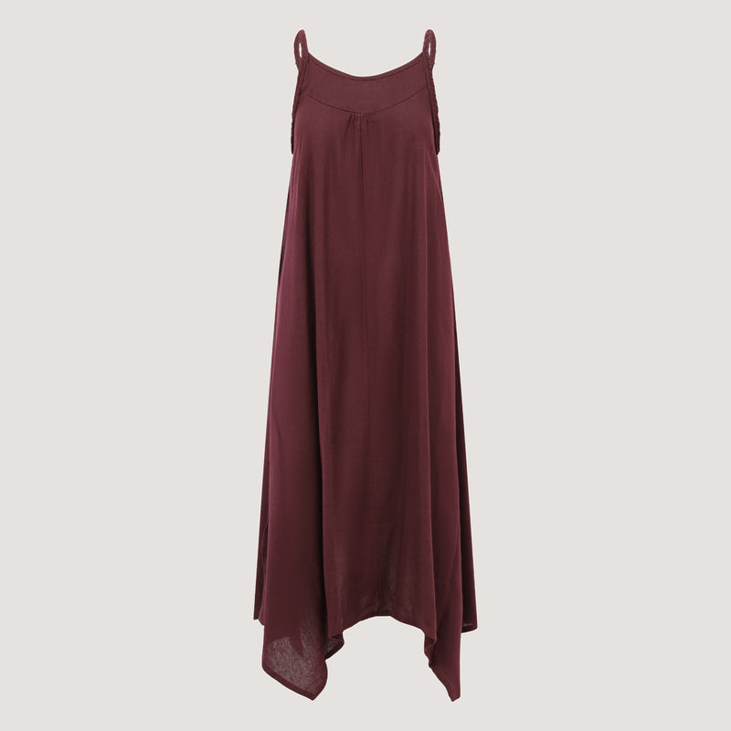 Maroon red handkerchief hem midi dress with a plait strap detail designed by OMishka