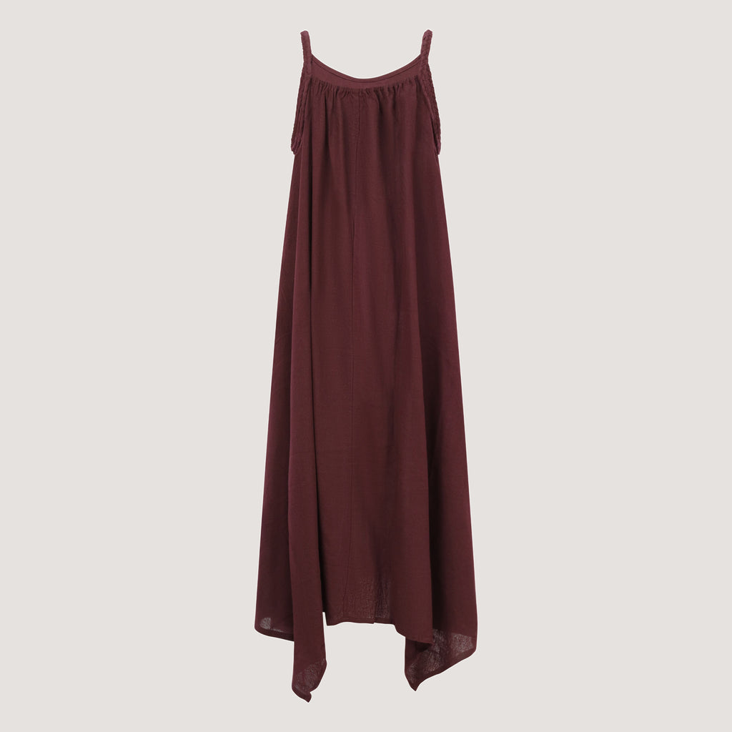 Maroon red hanky hem midi dress with a plait strap detail designed by OMishka