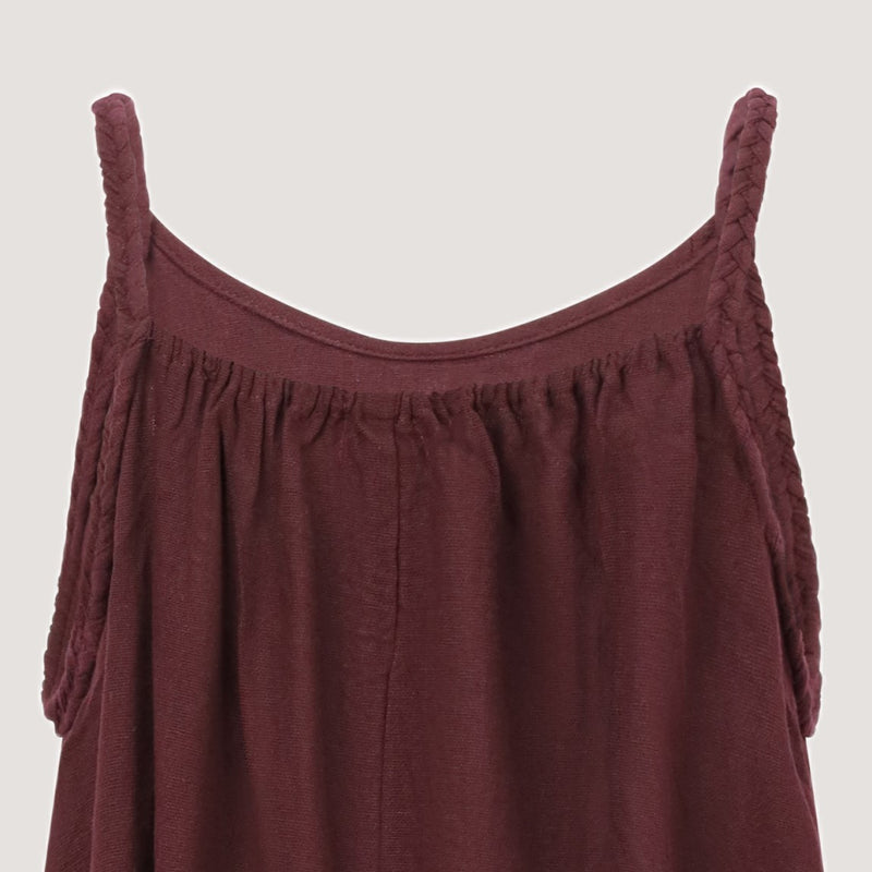 Maroon red linen handkerchief hem midi dress with a plait strap detail designed by OMishka