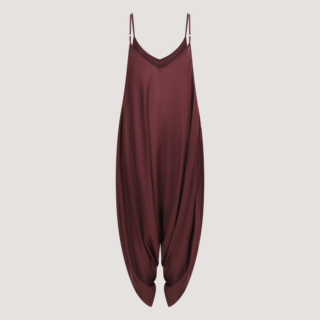 Maroon red strappy, sleeveless harem jumpsuit with tapered legs designed by OMishka