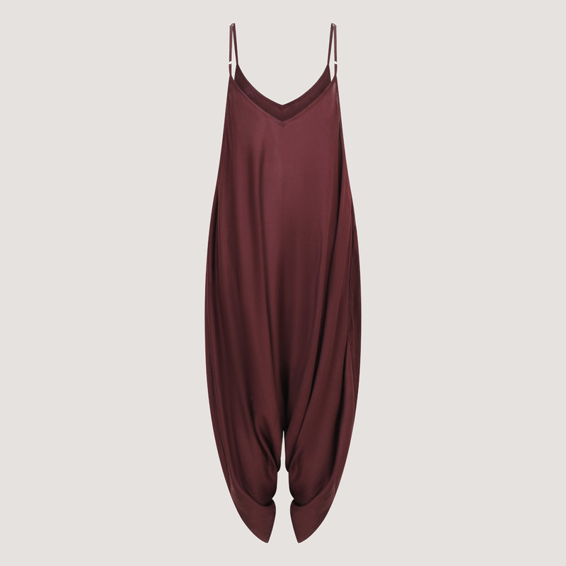 Maroon red strappy, sleeveless harem jumpsuit with tapered legs designed by OMishka