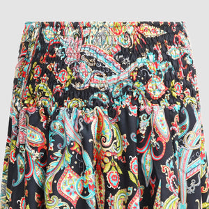 Black and multi colour floral print, double layered, recycled Indian sari silk 2-in-1 skirt dress designed by OMishka