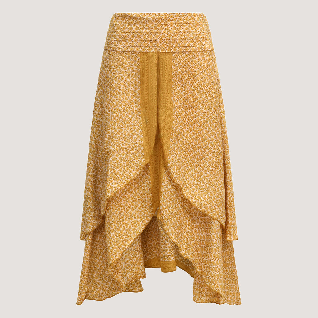Ochre ditsy floral print, double layered, recycled Indian sari silk 2-in-1 skirt dress designed by OMishka
