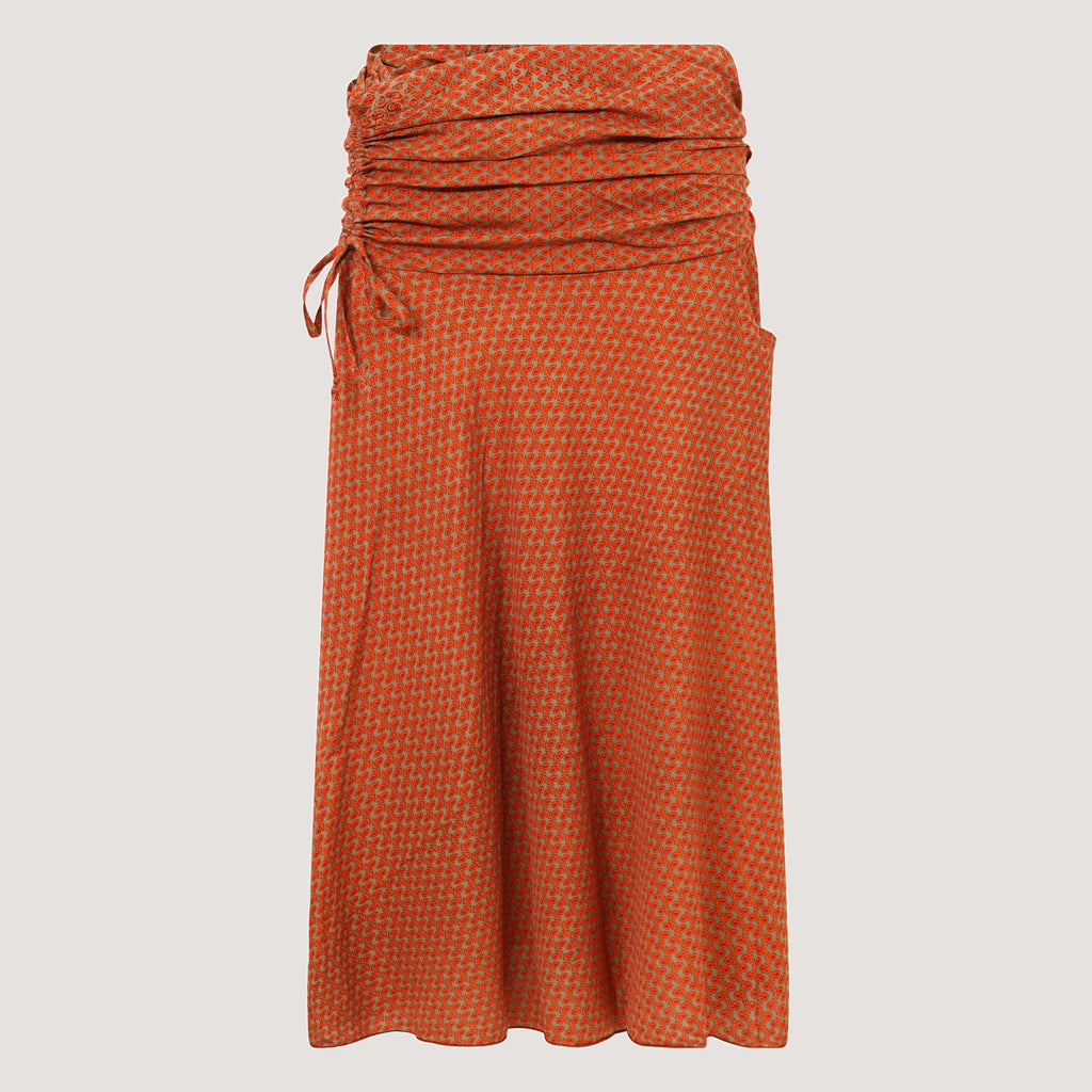 Orange block print, recycled Indian sari silk, 2-in-1 A-line skirt dress designed by OMishka