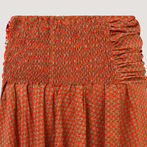 Orange block print, recycled Indian sari silk 2-in-1 A-line skirt dress designed by OMishka