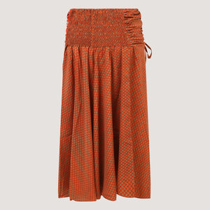 Orange block print, recycled Indian sari silk, strapless dress 2-in-1 A-line skirt designed by OMishka