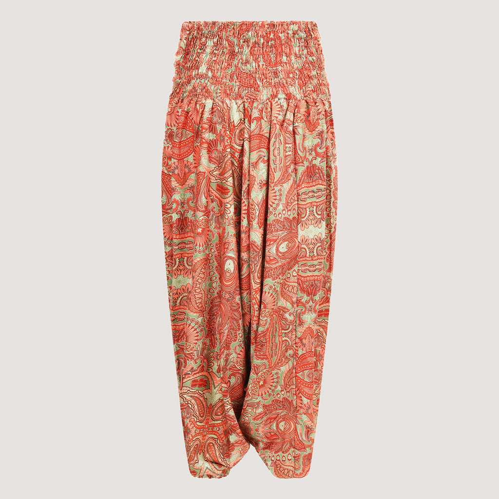 Orange floral paisley motif print, recycled Indian sari silk, strapless jumpsuit 2-in-1 harem trousers designed by OMishka