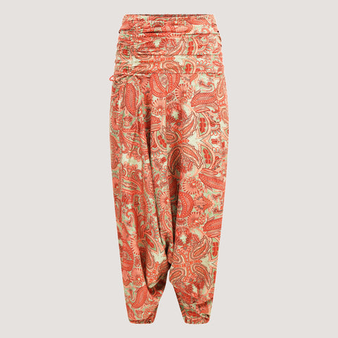 Red & Gold Floral Swirl Print Silk Harem Trousers 2-in-1 Jumpsuit