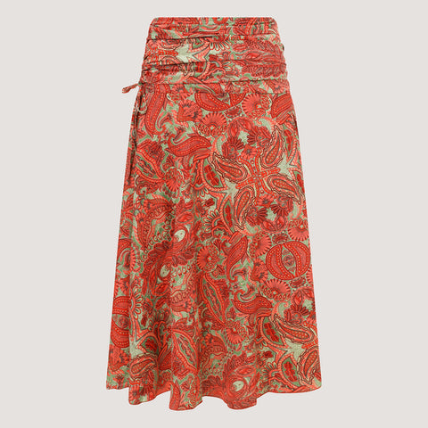 Red & Gold Floral Swirl Print Silk 2-in-1 Skirt Dress