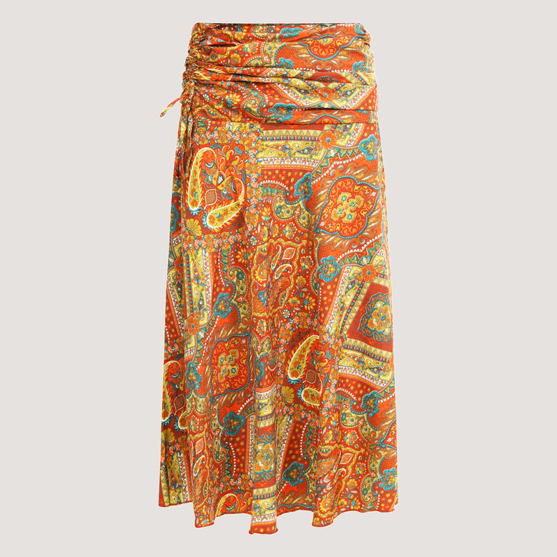 Orange art deco tile print, recycled Indian sari silk, 2-in-1 A-line skirt dress designed by OMishka
