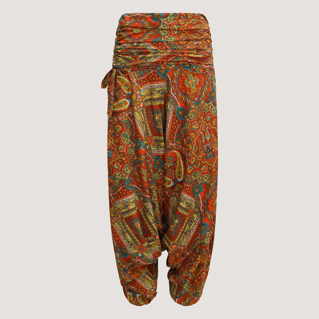 Orange tile print, recycled Indian sari silk, harem trousers 2-in-1 bandeau jumpsuit designed by OMishka