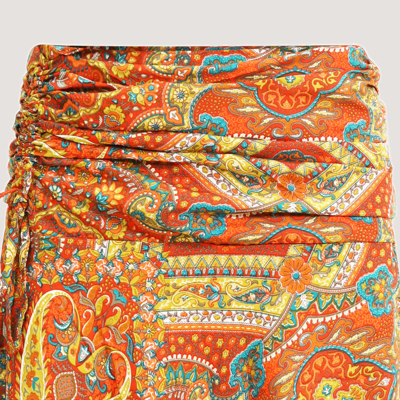 Orange art deco tile print, recycled Indian sari silk, A-line skirt 2-in-1 dress designed by OMishka