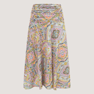 Pale pink geometric print, recycled Indian sari silk, 2-in-1 A-line skirt dress designed by OMishka
