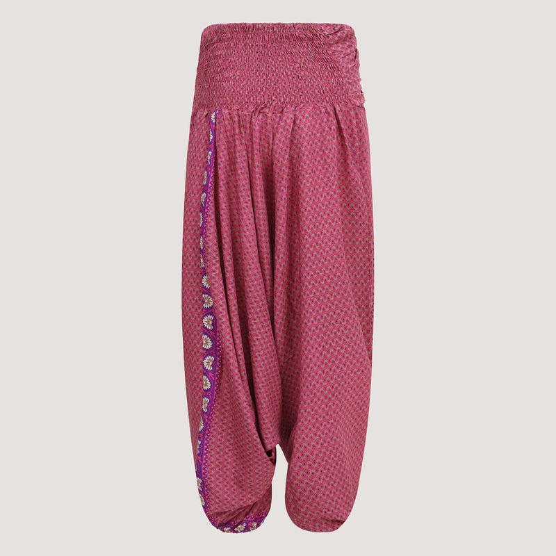 Pink block print, recycled Indian sari silk, strapless jumpsuit 2-in-1 harem trousers designed by OMishka