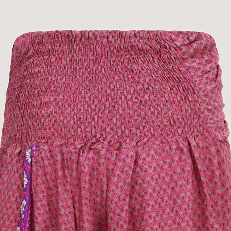 Pink block print, recycled Indian sari silk, 2-in-1 harem pants bandeau jumpsuit designed by OMishka
