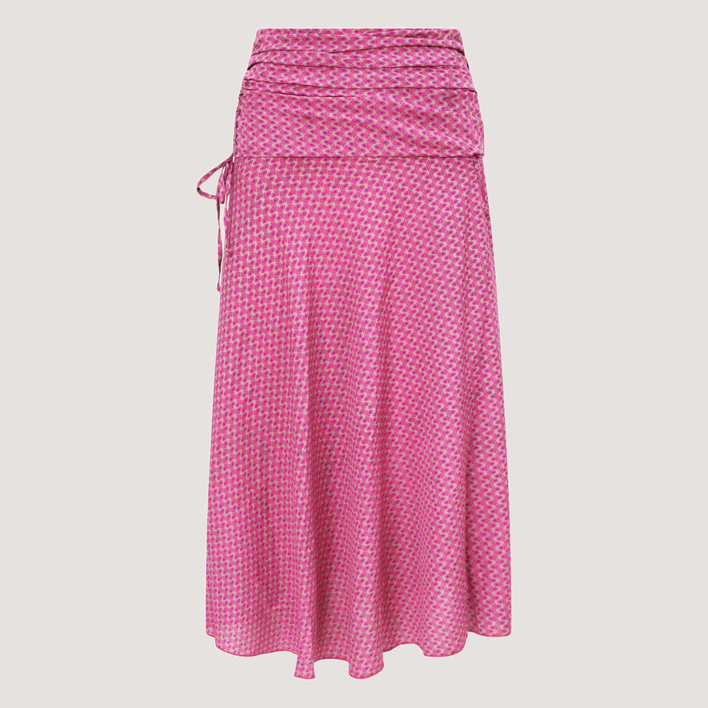 Pink block print, recycled Indian sari silk, 2-in-1 A-line skirt dress designed by OMishka