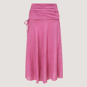 Pink block print, recycled Indian sari silk, 2-in-1 A-line skirt dress designed by OMishka