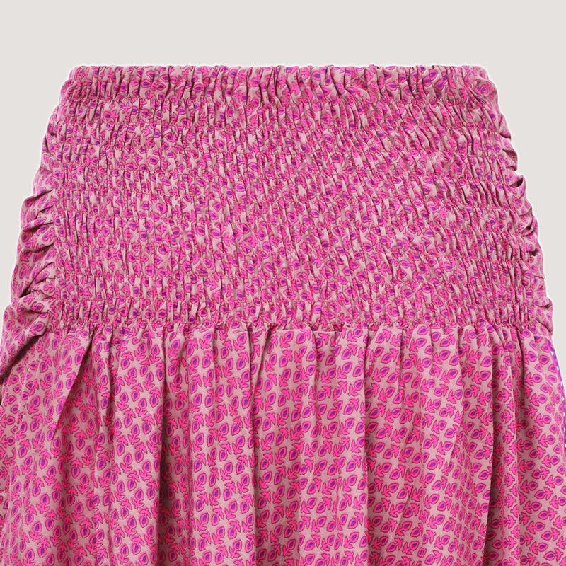 Pink block print, recycled Indian sari silk 2-in-1 A-line skirt dress designed by OMishka