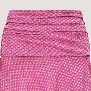 Pink block print, recycled Indian sari silk, A-line skirt 2-in-1 dress designed by OMishka