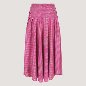 Pink block print, recycled Indian sari silk, strapless dress 2-in-1 A-line skirt designed by OMishka