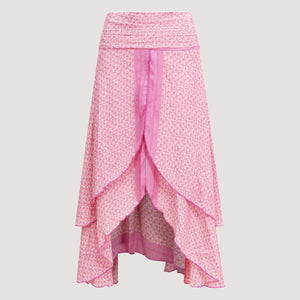 Pink ditsy floral print, double layered, recycled Indian sari silk 2-in-1 skirt dress designed by OMishka