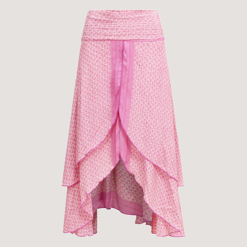 Pink ditsy floral print, double layered, recycled Indian sari silk 2-in-1 skirt dress designed by OMishka