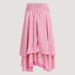 Pink ditsy floral patterned, double layered recycled Indian sari silk, strapless dress 2-in-1 skirt designed by OMishka