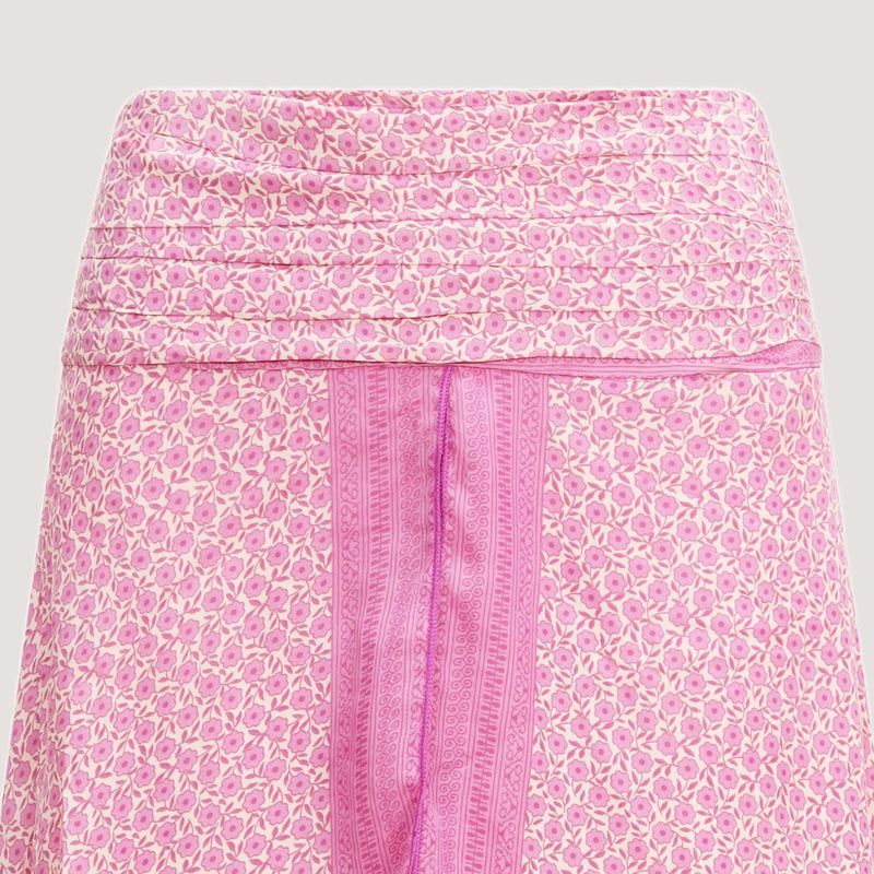 Pink ditsy floral print, double layered, recycled Indian sari silk skirt 2-in-1 dress designed by OMishka