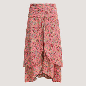 Pink floral heart print, double layered, recycled Indian sari silk 2-in-1 skirt dress designed by OMishka