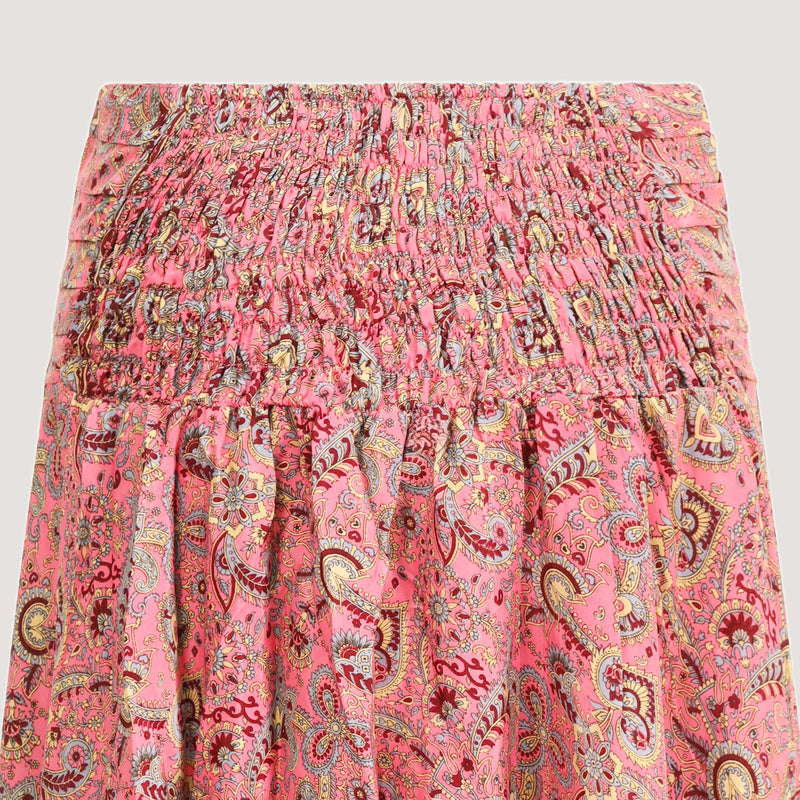 Pink floral heart print, double layered, recycled Indian sari silk 2-in-1 skirt dress designed by OMishka