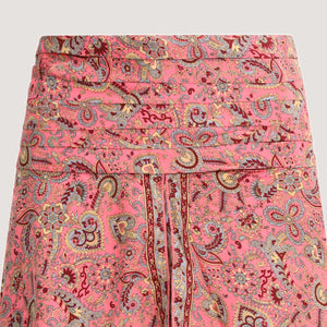 Pink floral heart print, double layered, recycled Indian sari silk skirt 2-in-1 dress designed by OMishka