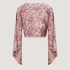 Pink and red floral print Indian sari wrap top designed by OMishka